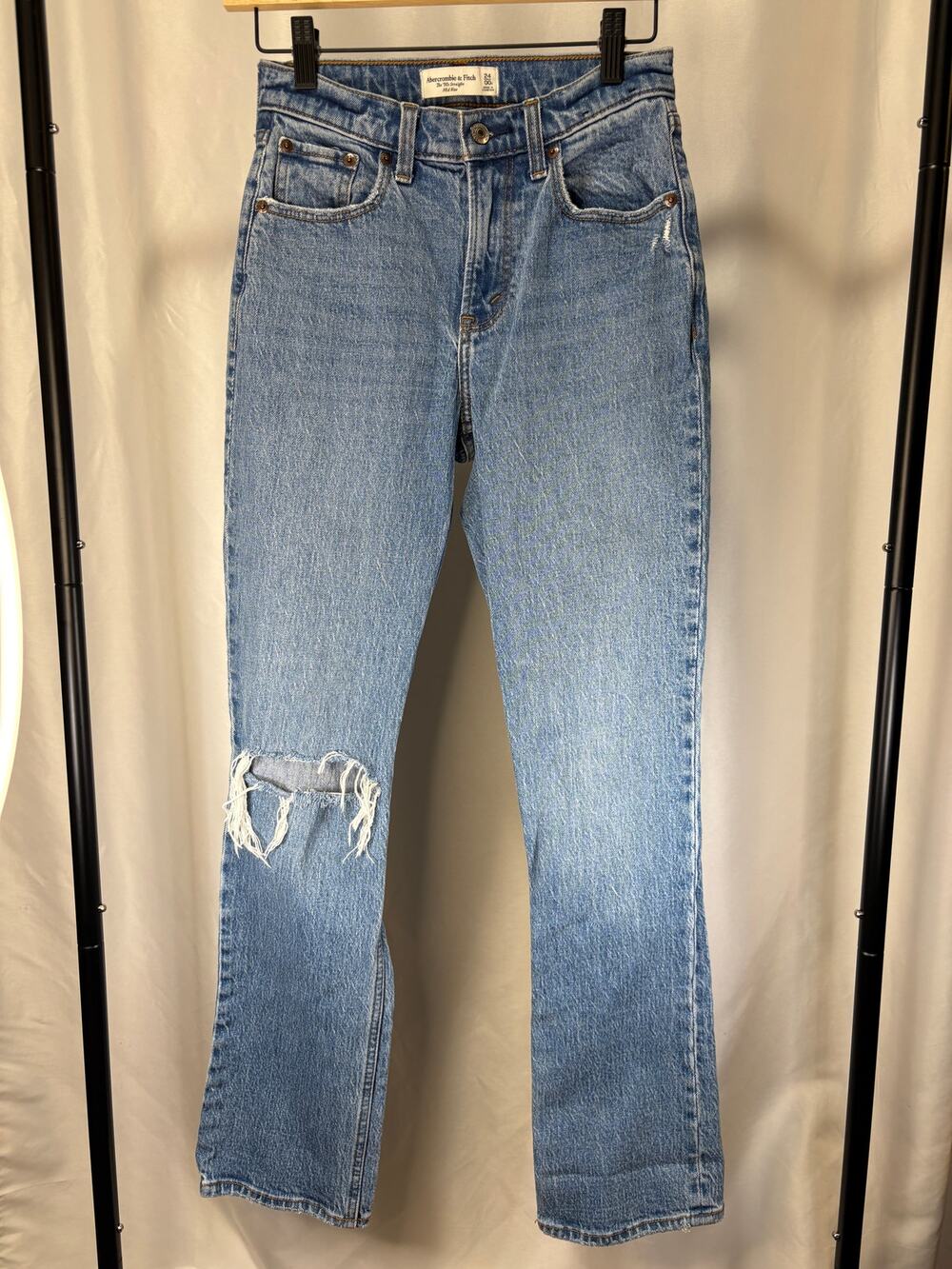 Abercrombie Fitch Curve Love 90s Straight Jeans 24 00R Mid Rise Distressed Blue